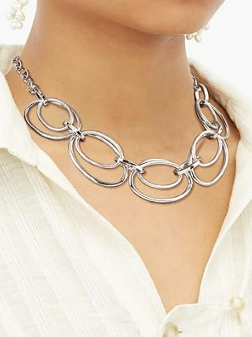 Chunky Silver Loop Necklace Chain Link Statement Choker Pendant‎